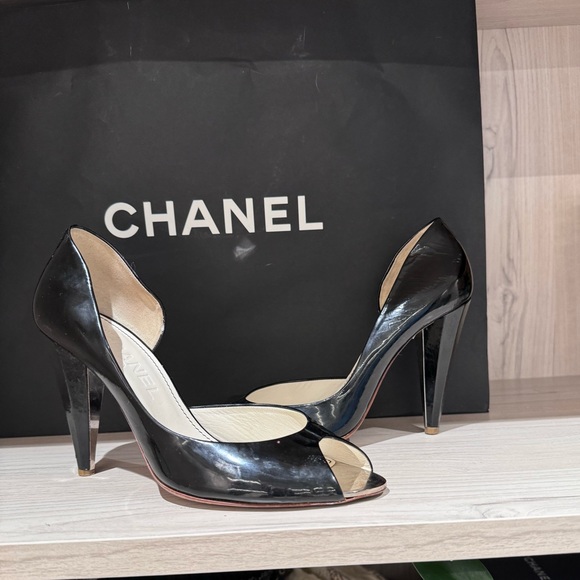 Chanel Open Toe Patent Leather Heel Pumps Ladies Black 38 Black - Picture 3 of 7